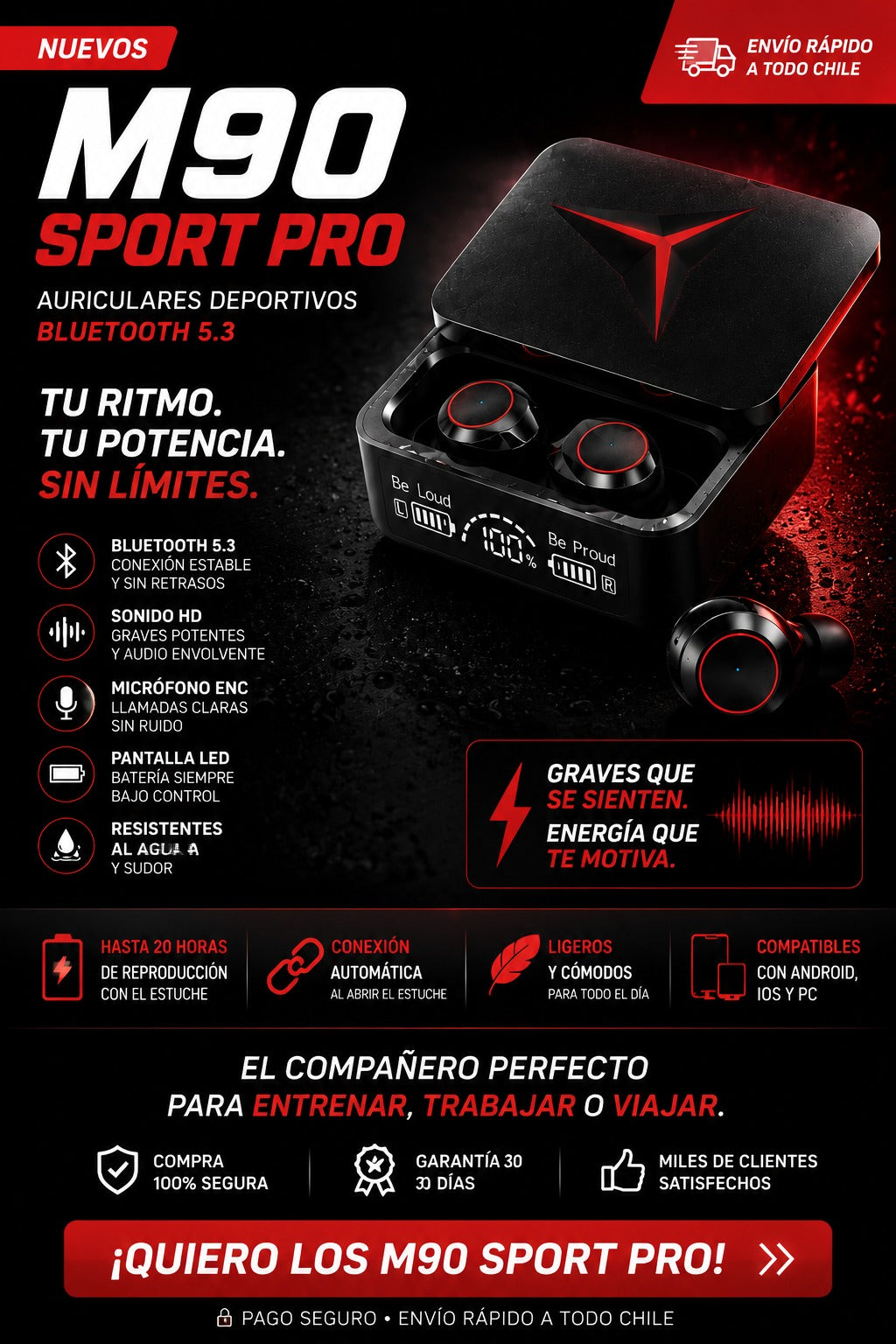M90 Sport Pro™ | Auriculares Bluetooth Impermeables con Sonido HD